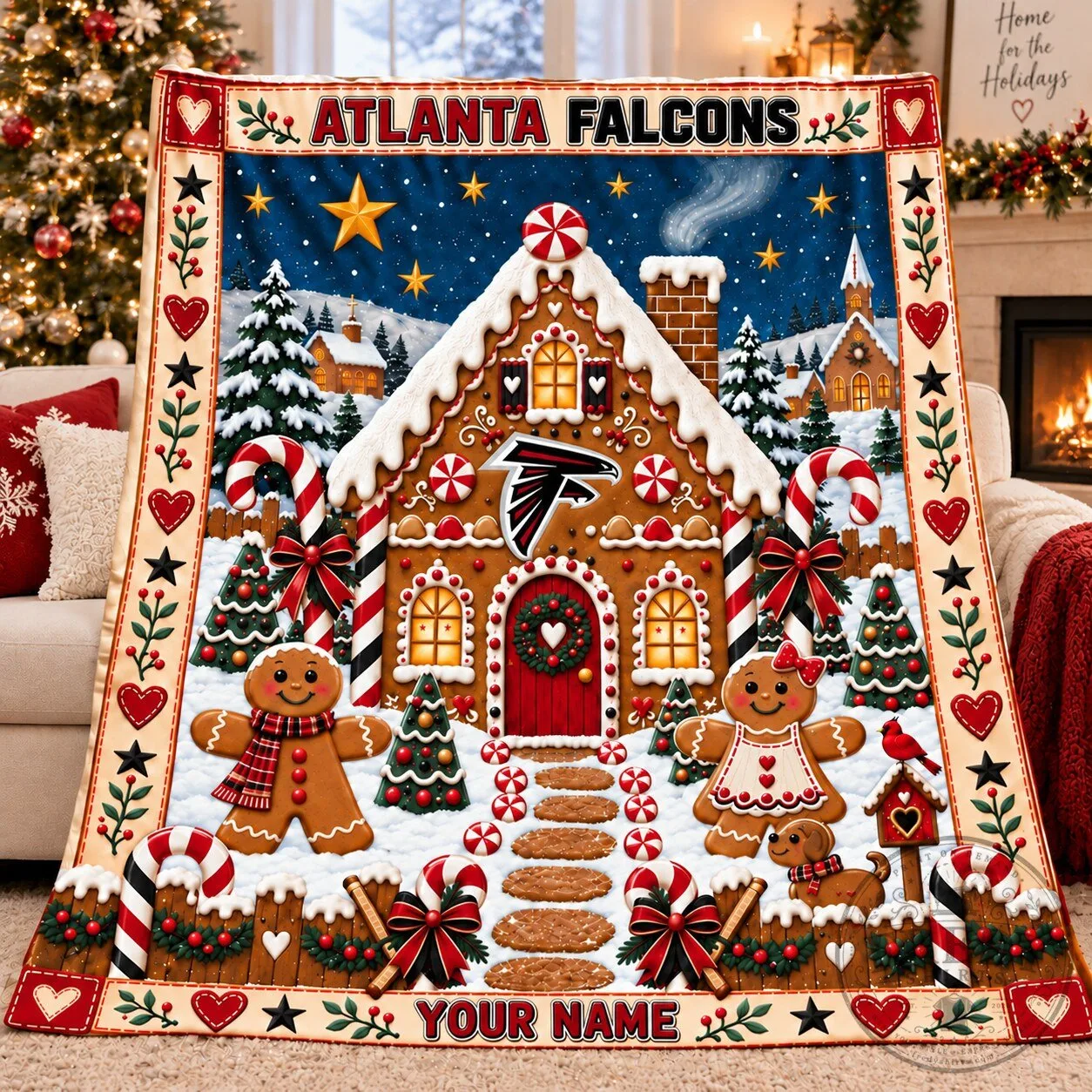 Atlanta Falcons Christmas Gingerbread House Winter Holiday Fleece Blanket
