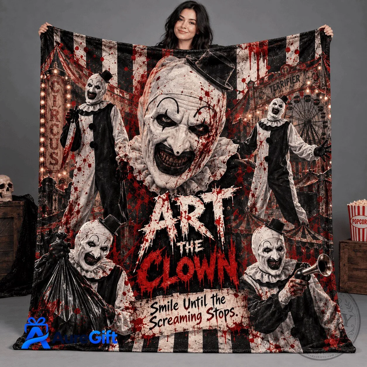 Fleece Blanket featuring Art The Clown from the Terrifier Horror Movie Circus Rays