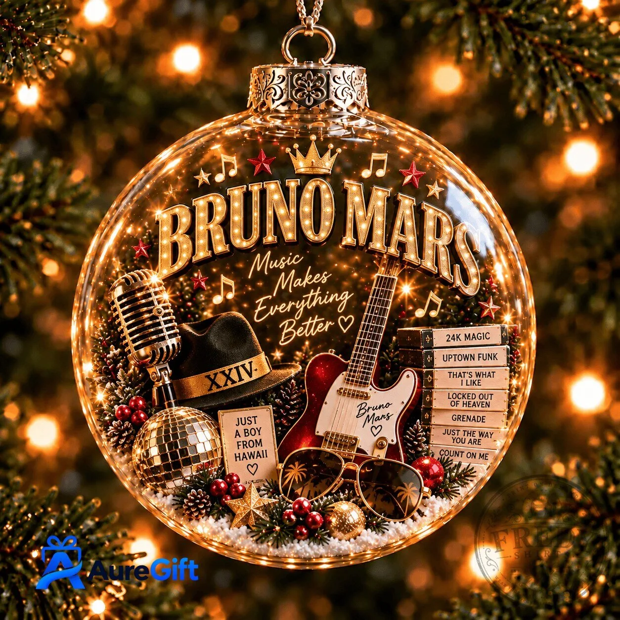 Bruno Mars Music Makes Everything Better Christmas Ornament