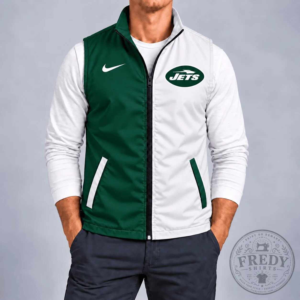 New York Jets NFL Football Team Green and White Sleeveless Zip-Up Vest Jacket