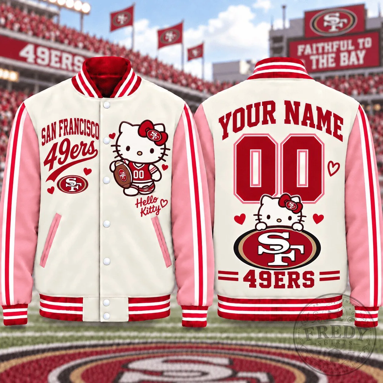 San Francisco 49ers Hello Kitty Football Personalized Varsity Jacket 1 San Francisco 49ers Hello Kitty Football Personalized Varsity Jacket