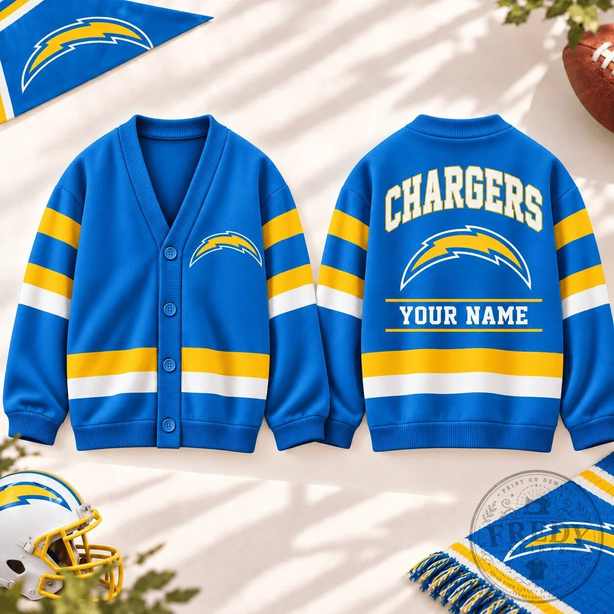Los Angeles Chargers Personalized Blue and Yellow Striped Knitted Cardigan
