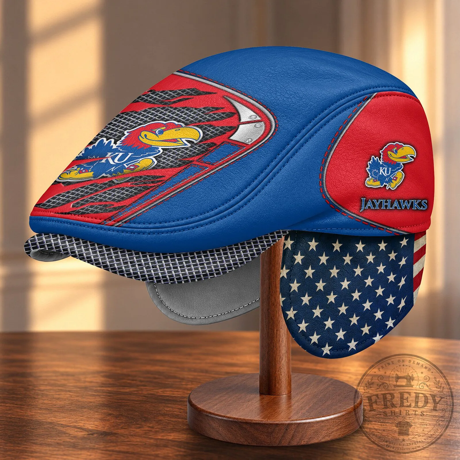 Kansas Jayhawks NCAA Flat Cap Hat with Foldable Ear Flaps