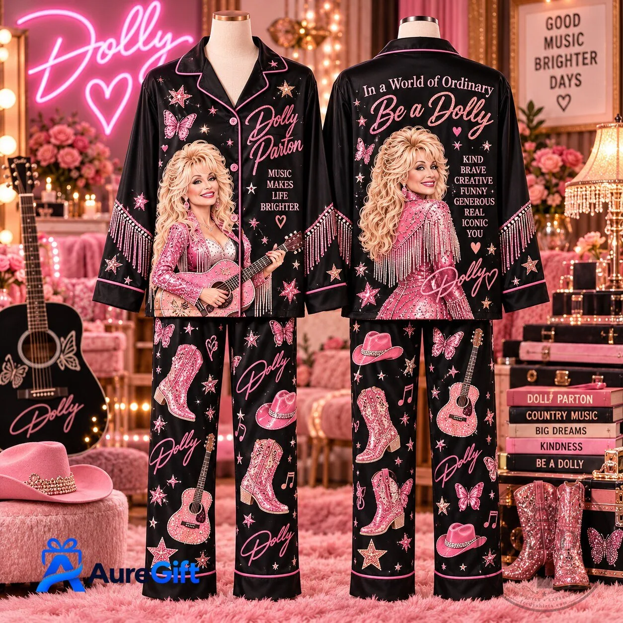 Dolly Parton Country Music Star Pink Fringe Pajamas Set