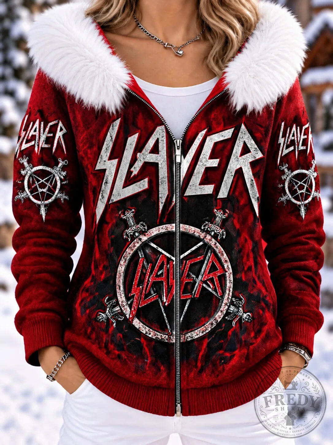 Slayer Red Pentagram Graphic Full-Zip Hoodie With Faux Fur Trim