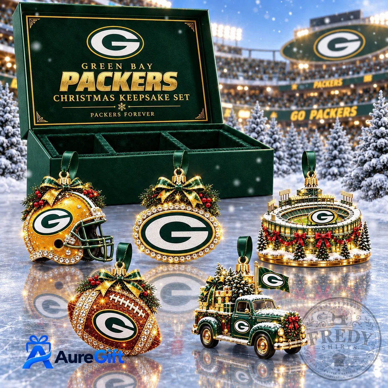 Green Bay Packers Christmas Keepsake Set Football Team Ornaments