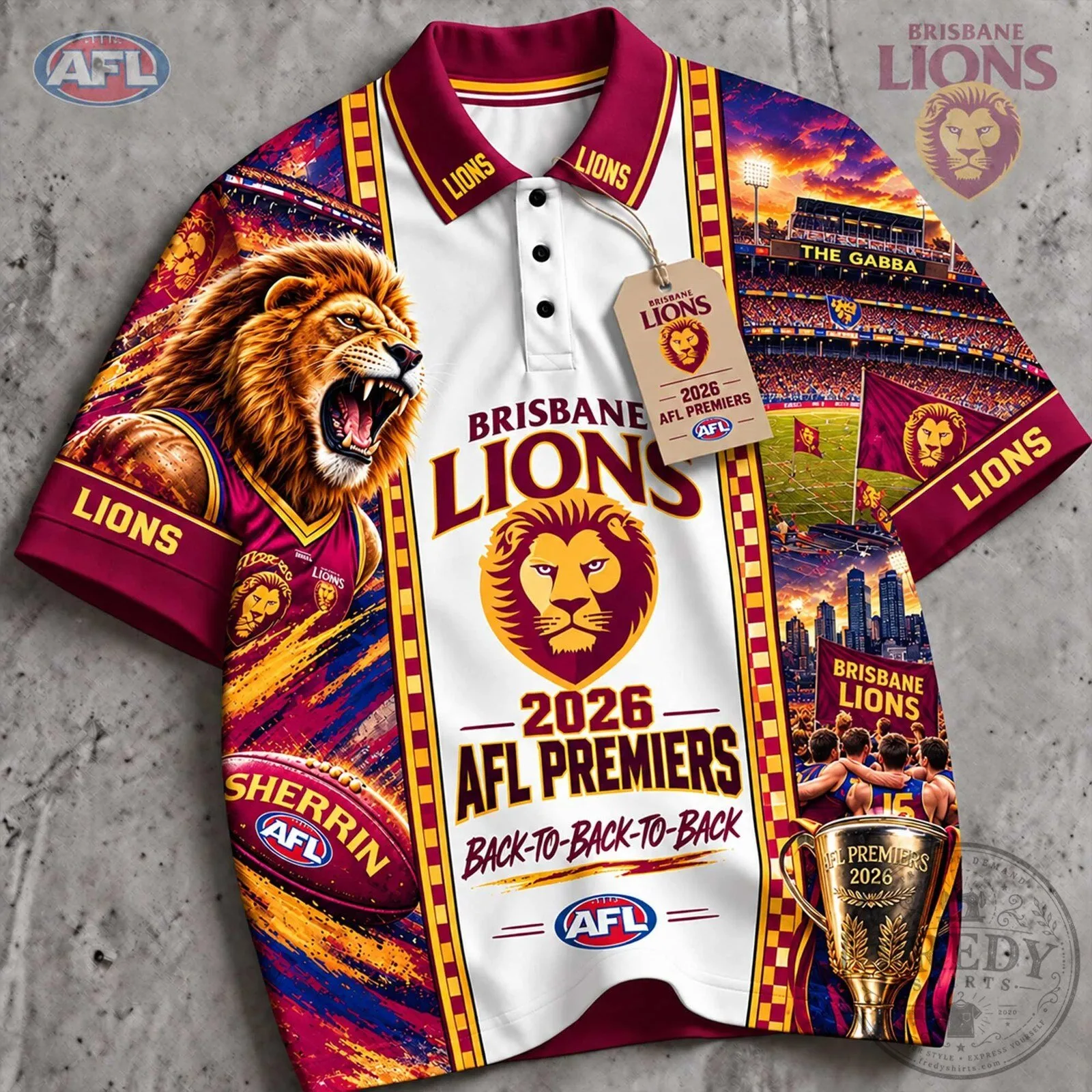 2026 AFL Premiers Polo Shirt - Brisbane Lions Back-to-Back-to-Back Design