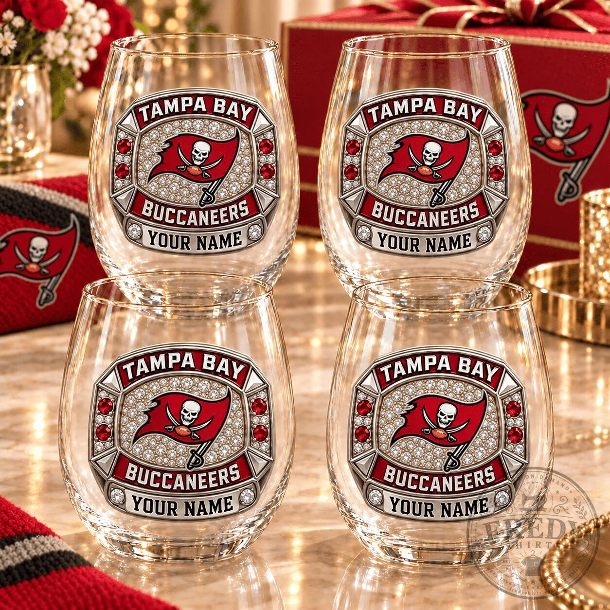 Tampa Bay Buccaneers Personalized Stemless Wine Glass Set, Custom Football Fan Gift