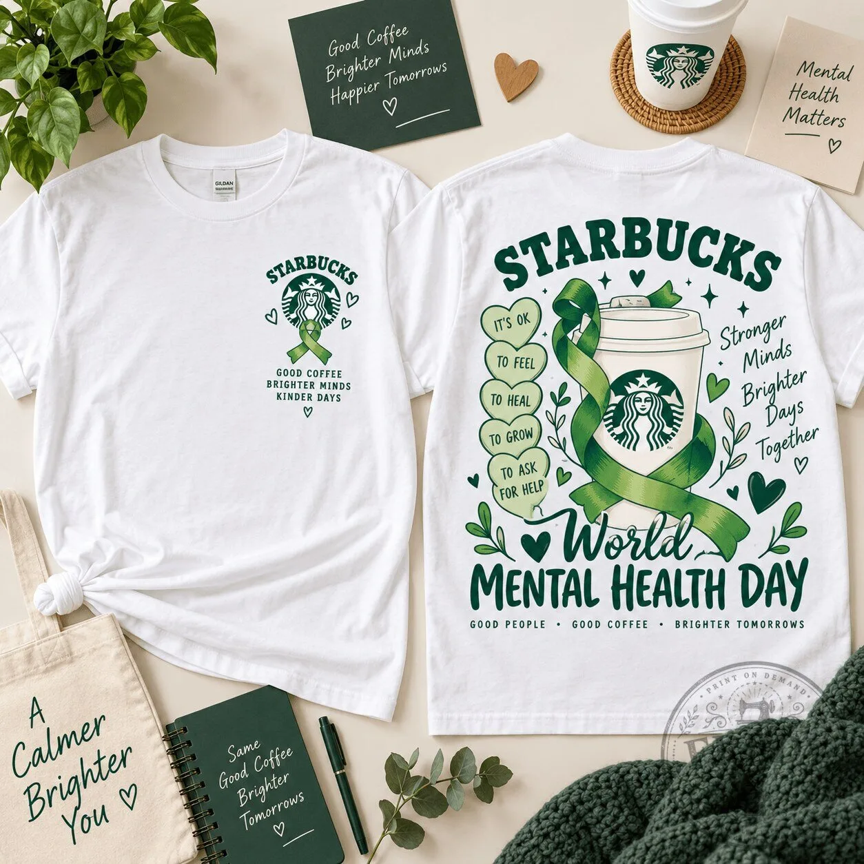 Starbucks World Mental Health Day Green Ribbon Coffee Cup Graphic T-Shirt