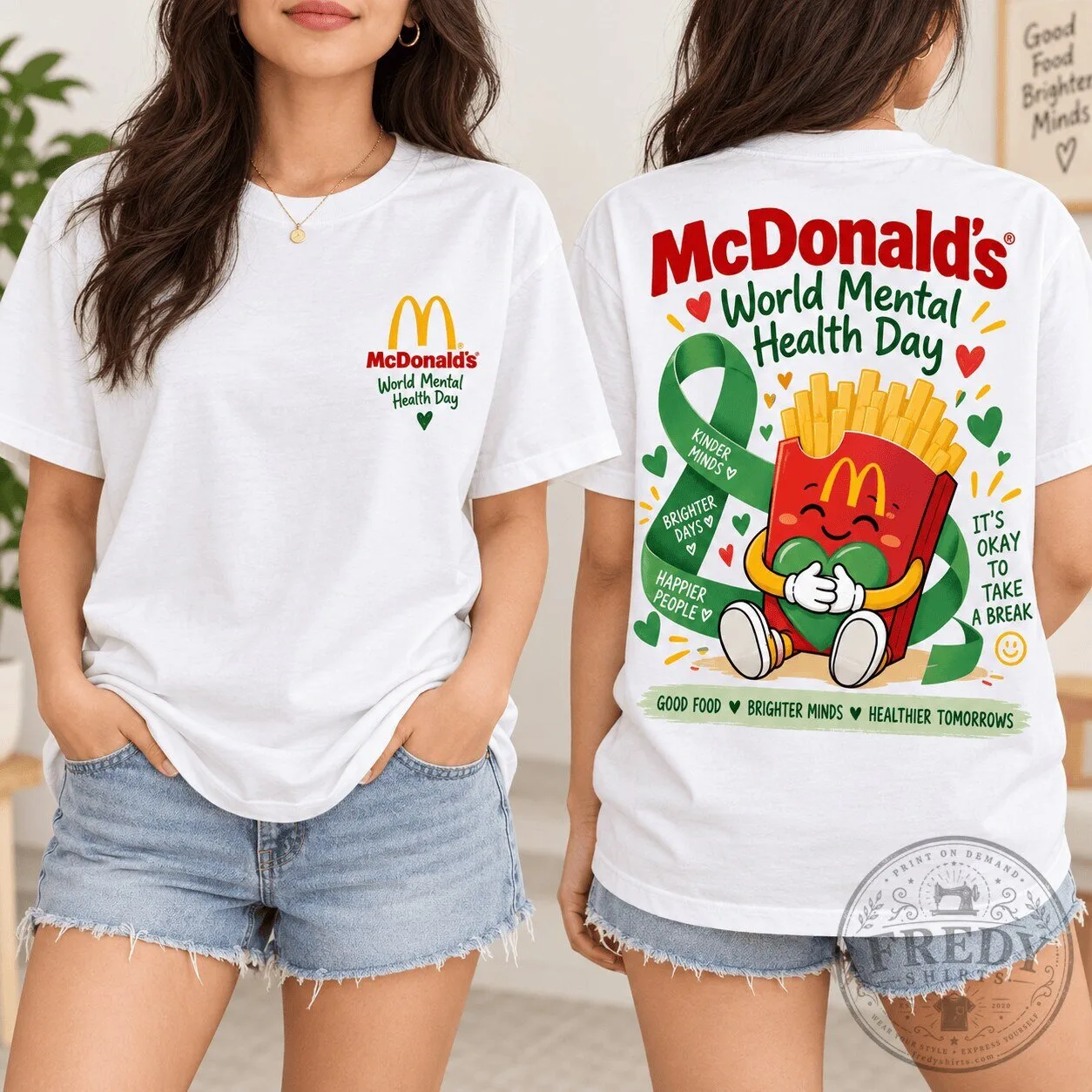 McDonalds World Mental Health Day Green Ribbon French Fries Graphic T-Shirt