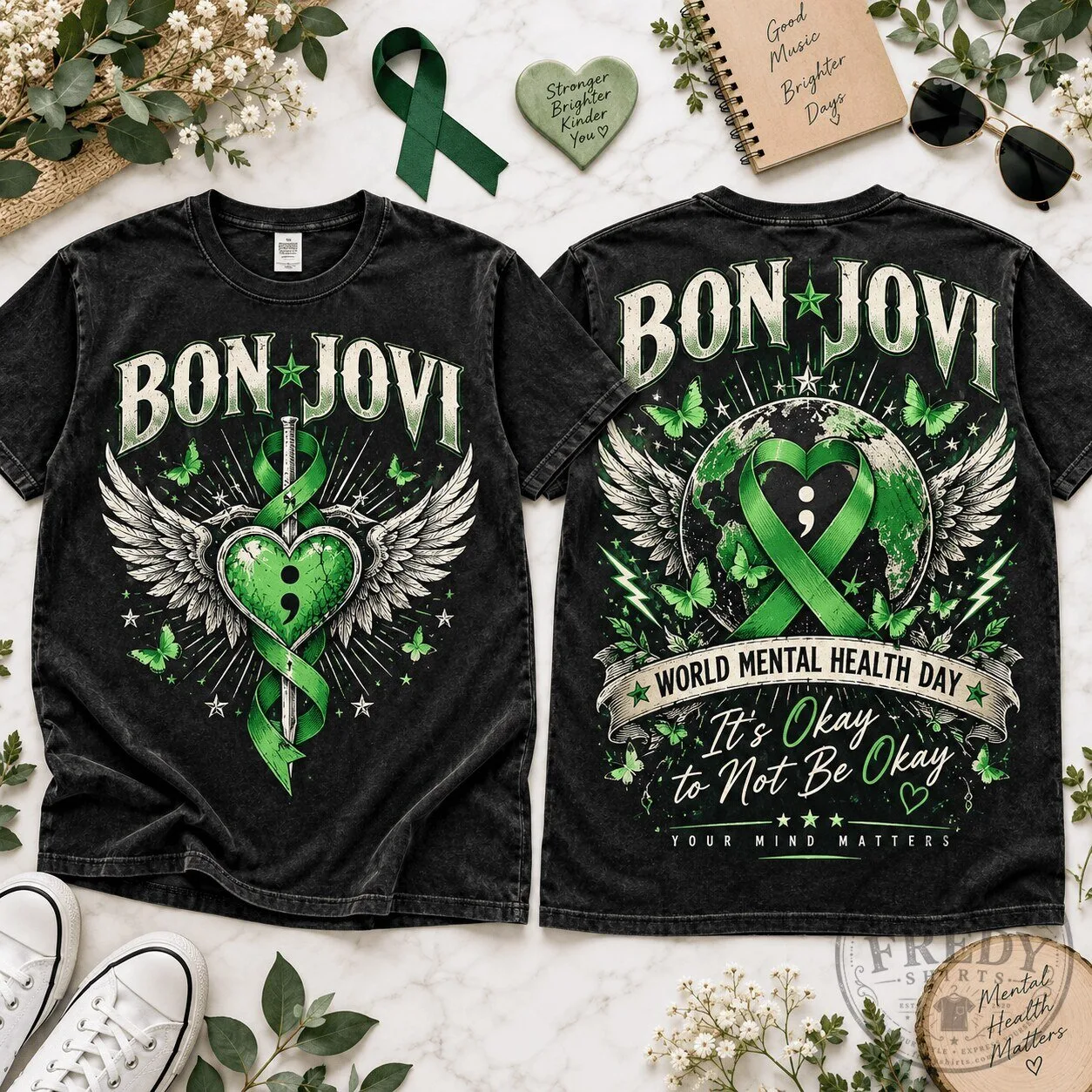 Bon Jovi World Mental Health Day Green Ribbon Graphic T-Shirt