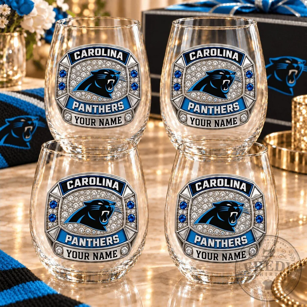 Carolina Panthers Personalized Stemless Wine Glass Set, Custom Name Football Fan Gift
