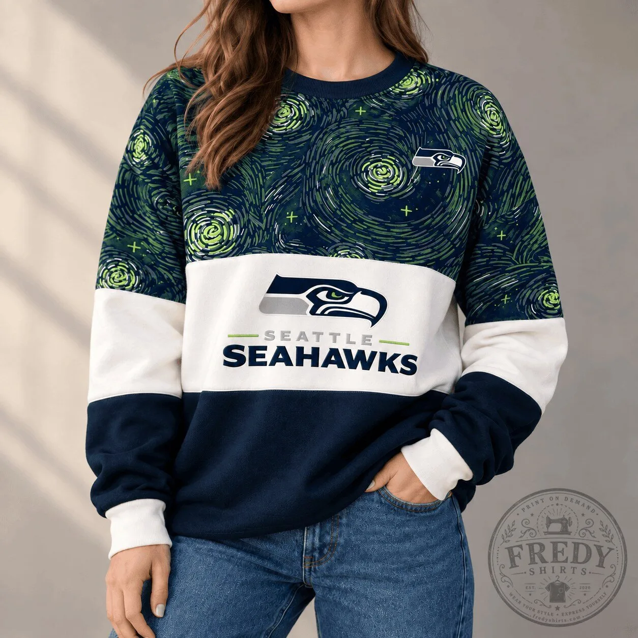 Seattle Seahawks NFL Team Color Starry Night Series Crewneck Sweatshirt