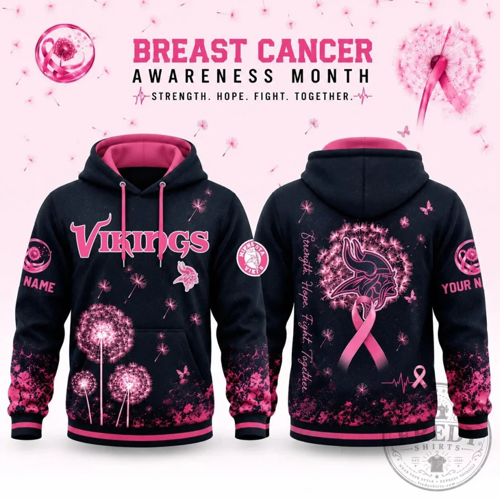 Minnesota Vikings Breast Cancer Awareness Dandelion Strength Hope Fight Hoodie Minnesota Vikings Breast Cancer Awareness Dandelion Strength Hope Fight Hoodie