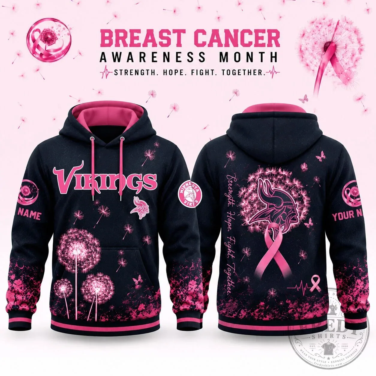 Minnesota Vikings Breast Cancer Awareness Dandelion Strength Hope Fight Hoodie