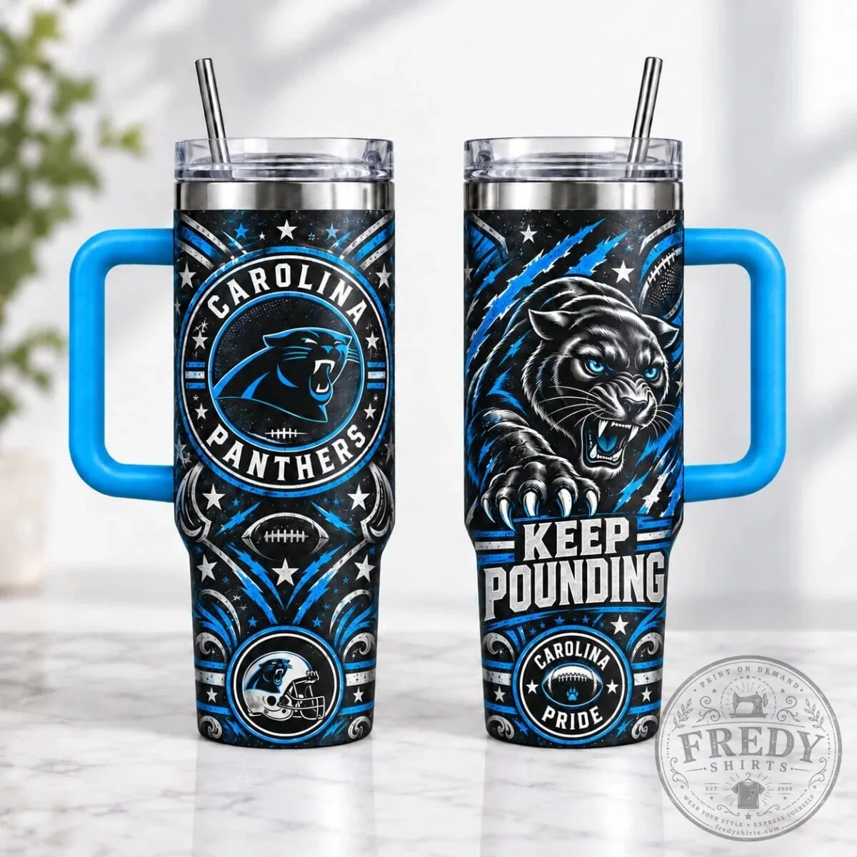 Carolina Panthers Football Team Keep Pounding Stainless Steel Tumbler with Handle