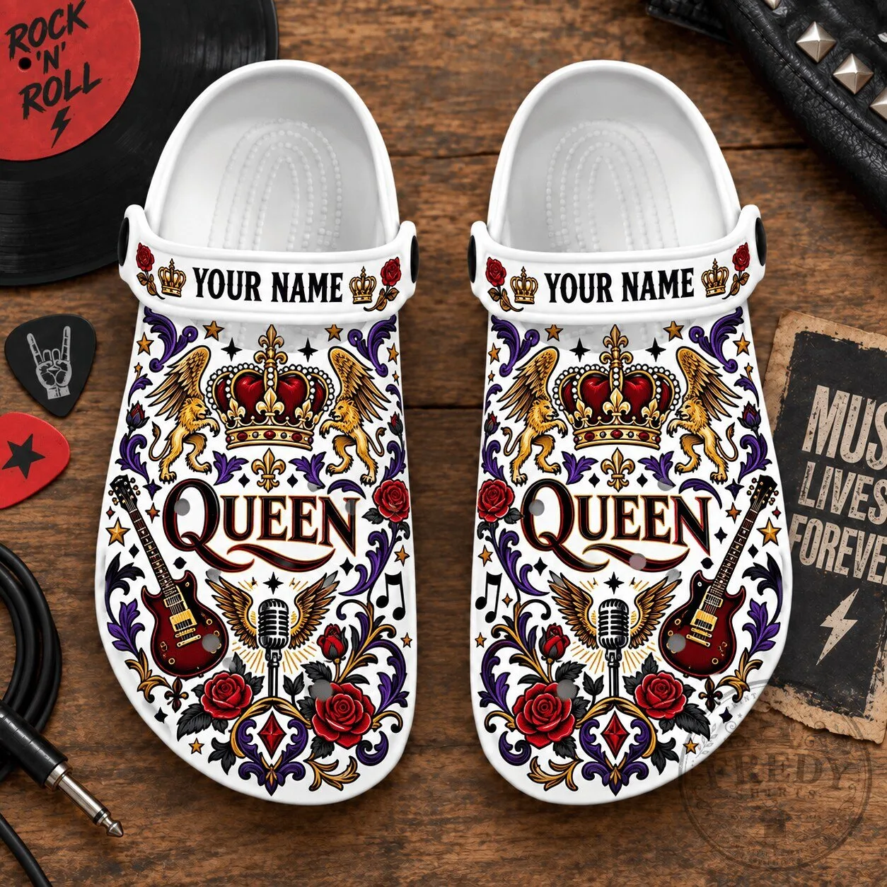 Queen Rock Band Crown and Guitar Pattern Personalized Clogs Shoes