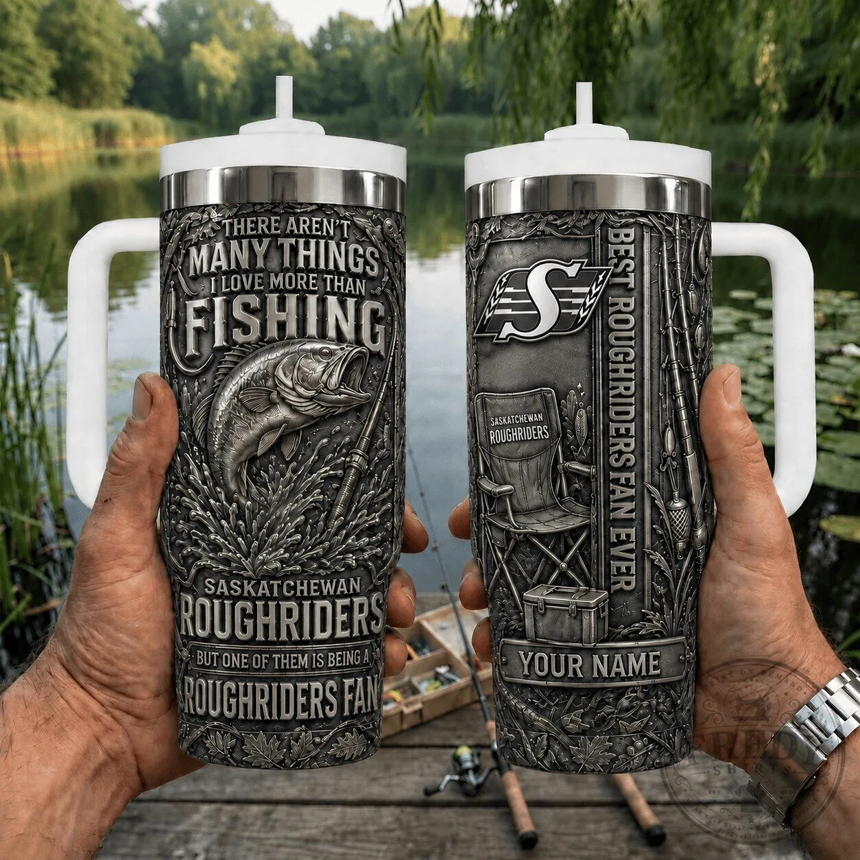Saskatchewan Roughriders Fishing Fan Stainless Steel Tumbler with Handle