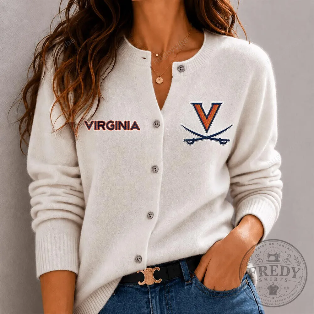 Virginia Cavaliers Embroidered Logo White Button-Up Cardigan Sweater
