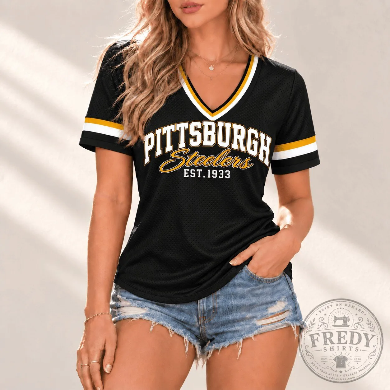 Pittsburgh Steelers Established 1933 Women's V-Neck Football Jersey