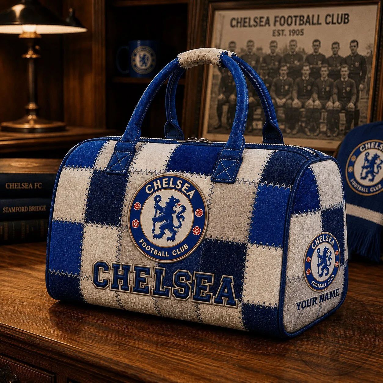 Chelsea Football Club Quilted Duffel Bag with Custom Name for Fan