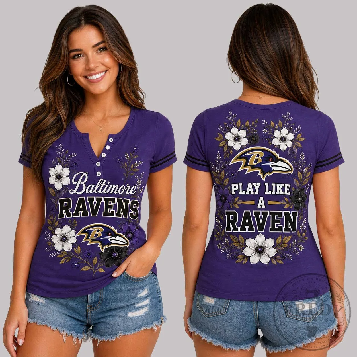 Baltimore Ravens Floral Game Day Women's Short Sleeve V-Neck T-Shirt