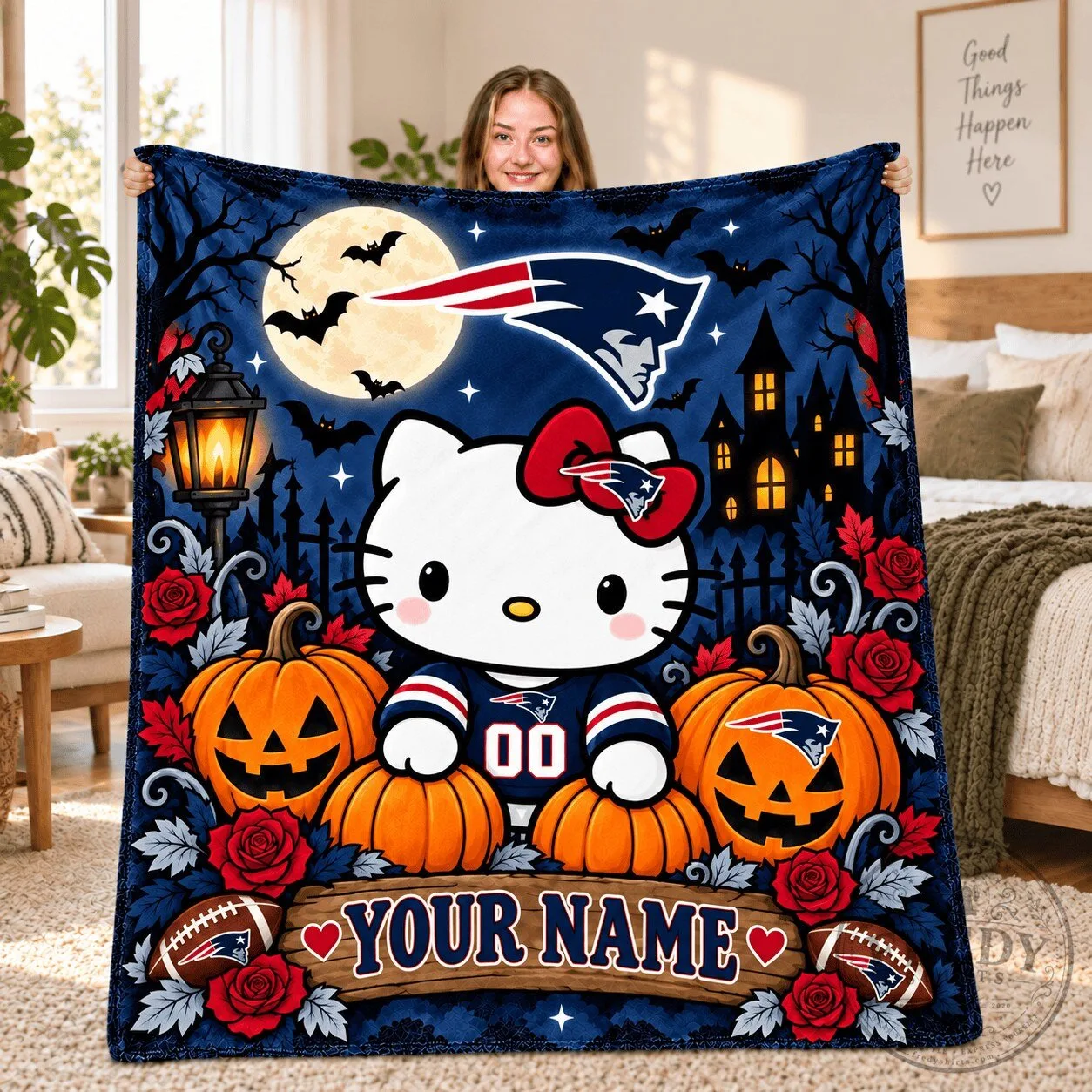 New England Patriots Hello Kitty Halloween Fleece Blanket
