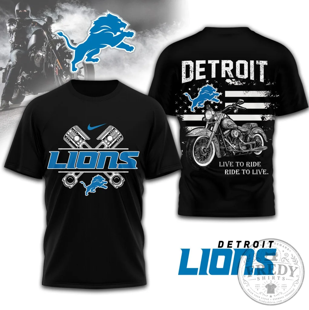 Detroit Lions Motorcycle Engine American Flag Graphic Black T-Shirt