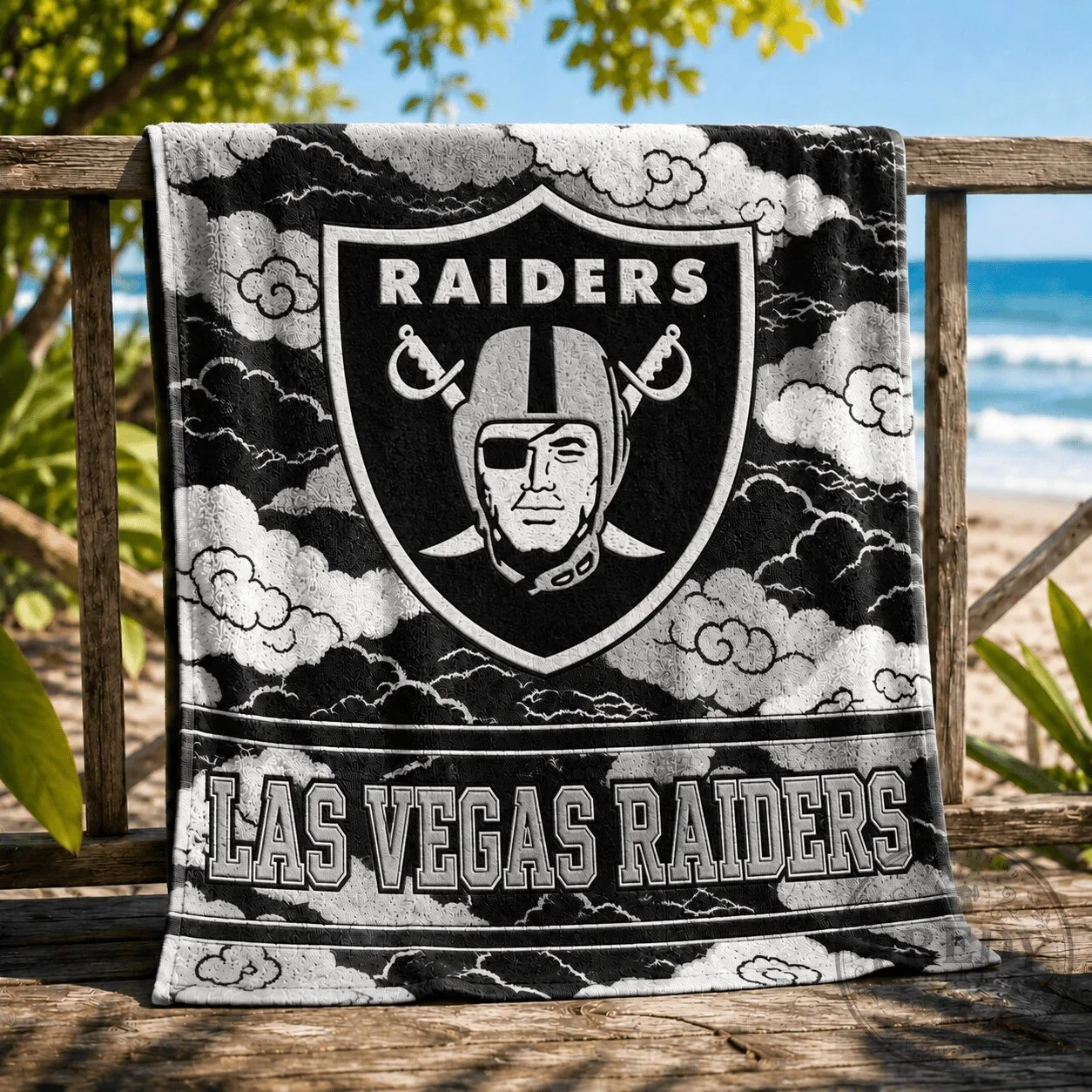 Las Vegas Raiders NFL Football Team Logo Black and White Beach Towel