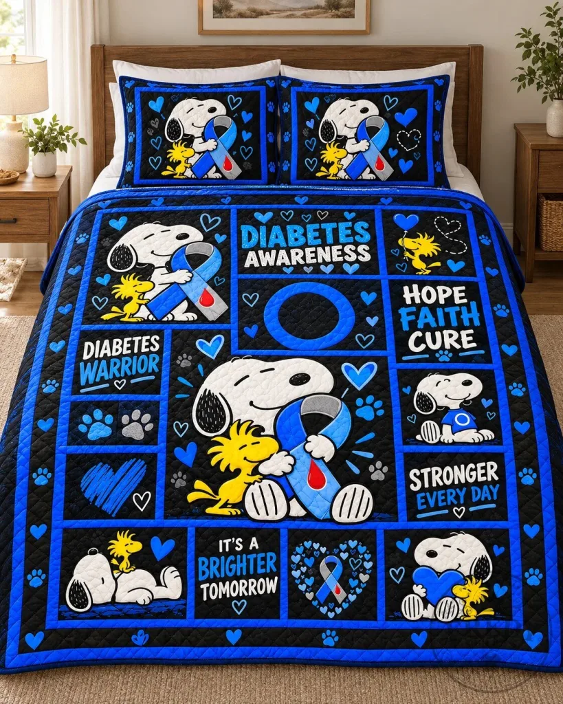 Snoopy Diabetes Awareness Blue Ribbon Hope Faith Cure Quilt Bedding Set