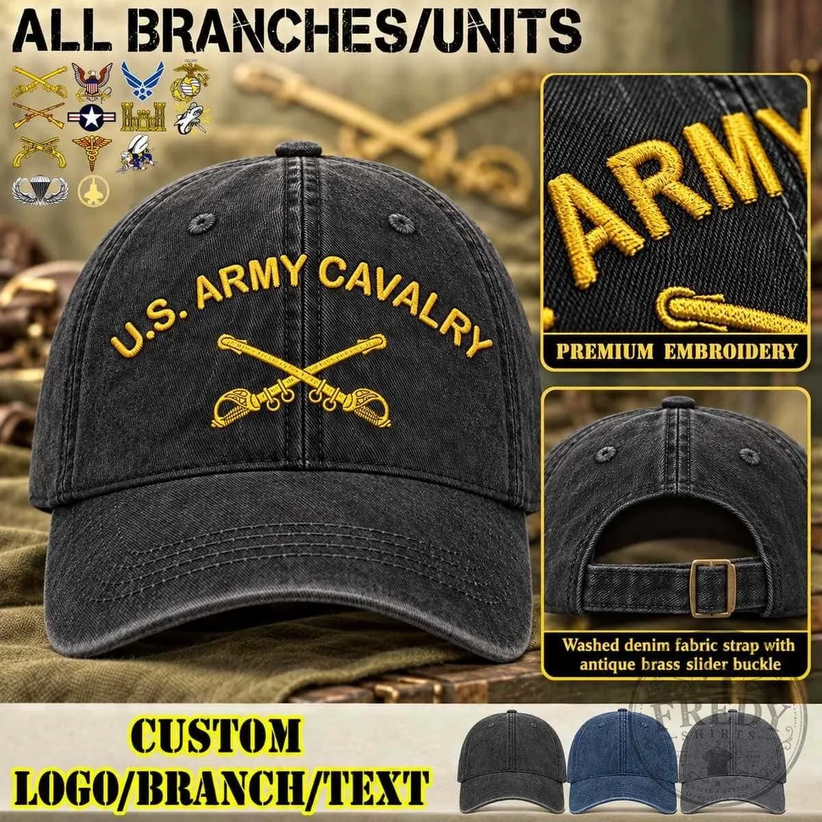 United States Army Cavalry Embroidered Washed Denim Adjustable Baseball Cap Hat