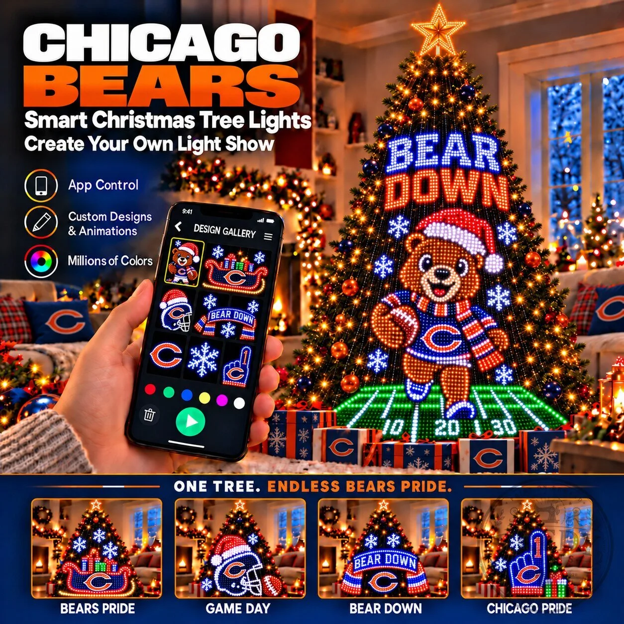 Chicago Bears Smart Christmas Tree Lights with App Control and Custom Designs