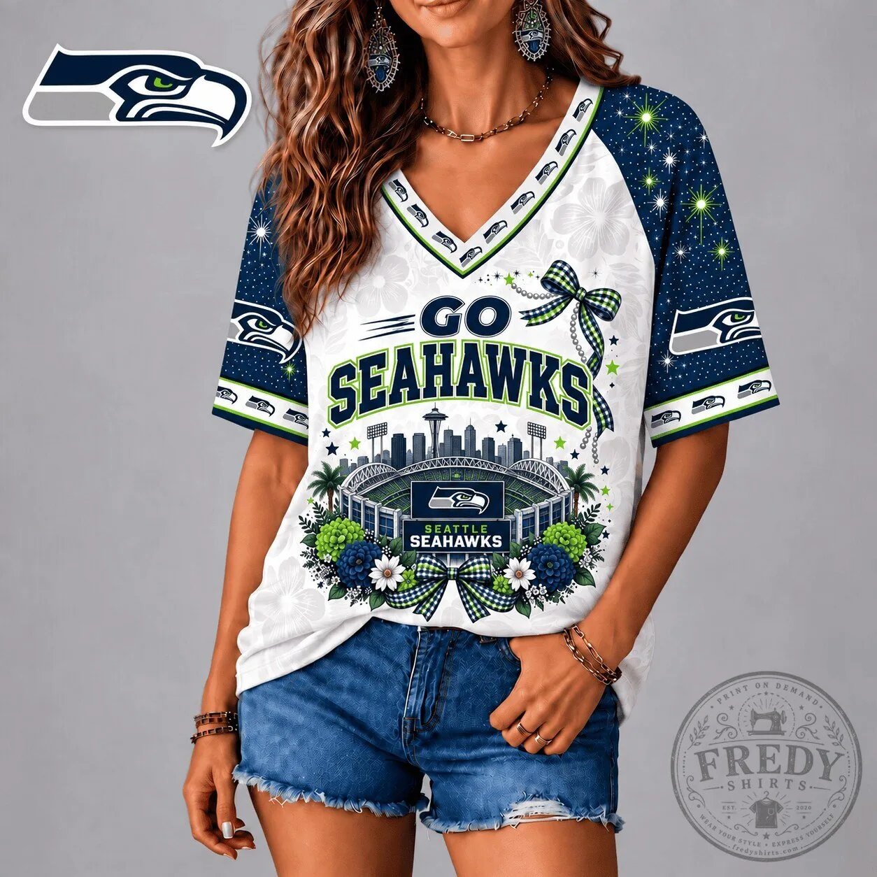 Seattle Seahawks Football Team Stadium Floral Bow V-Neck Short Sleeve T-Shirt