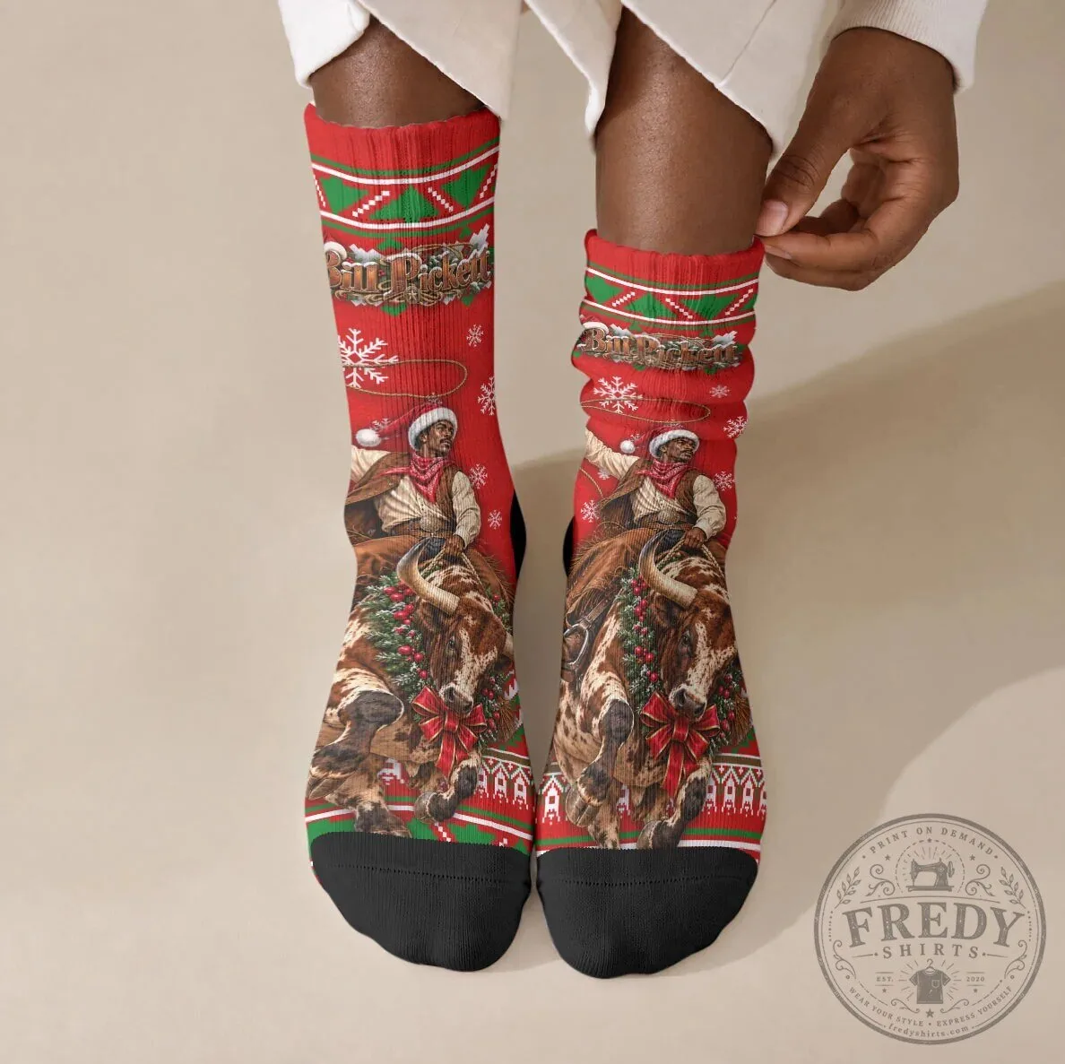 Bill Pickett Christmas Cowboy Rodeo Horse Rider Snowy Winter Art Socks