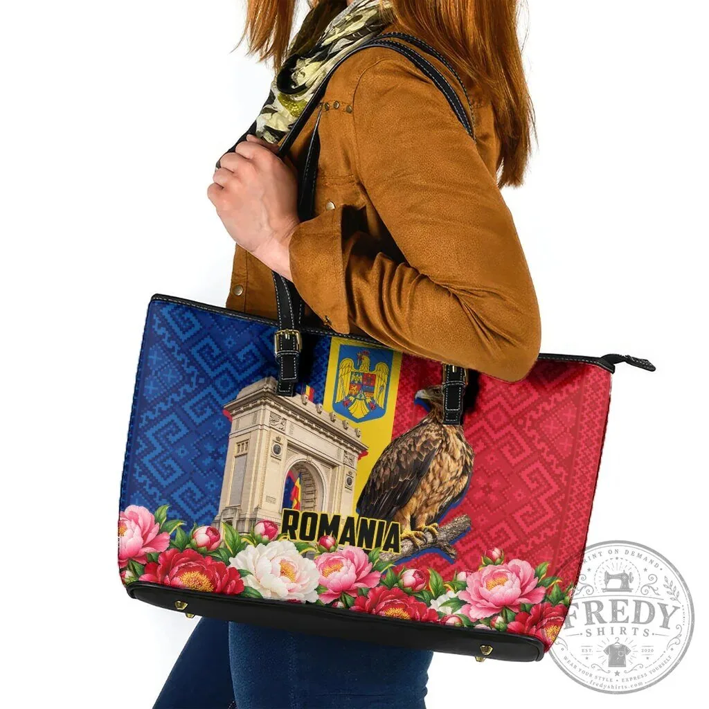 Romania Flag Eagle Arcul de Triumf Floral Peony Pattern Leather Tote Bag
