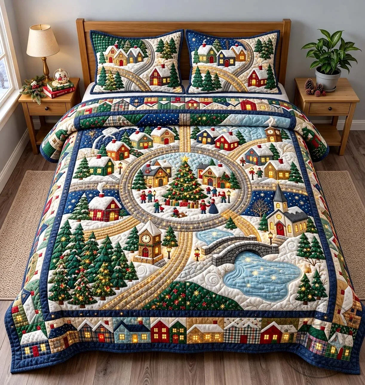 Christmas Village Wonderland Quilted Bedding Set with Holiday Tree Scene
