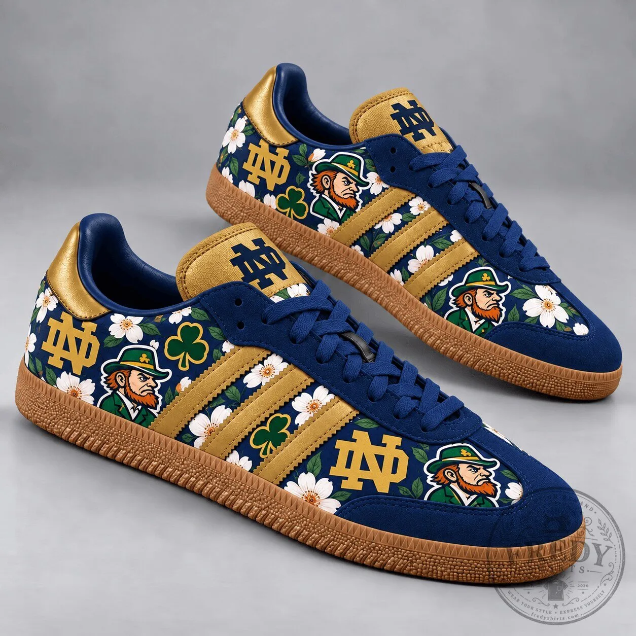 Notre Dame Fighting Irish NCAA Mascot Floral Pattern Blue Gold Shoes