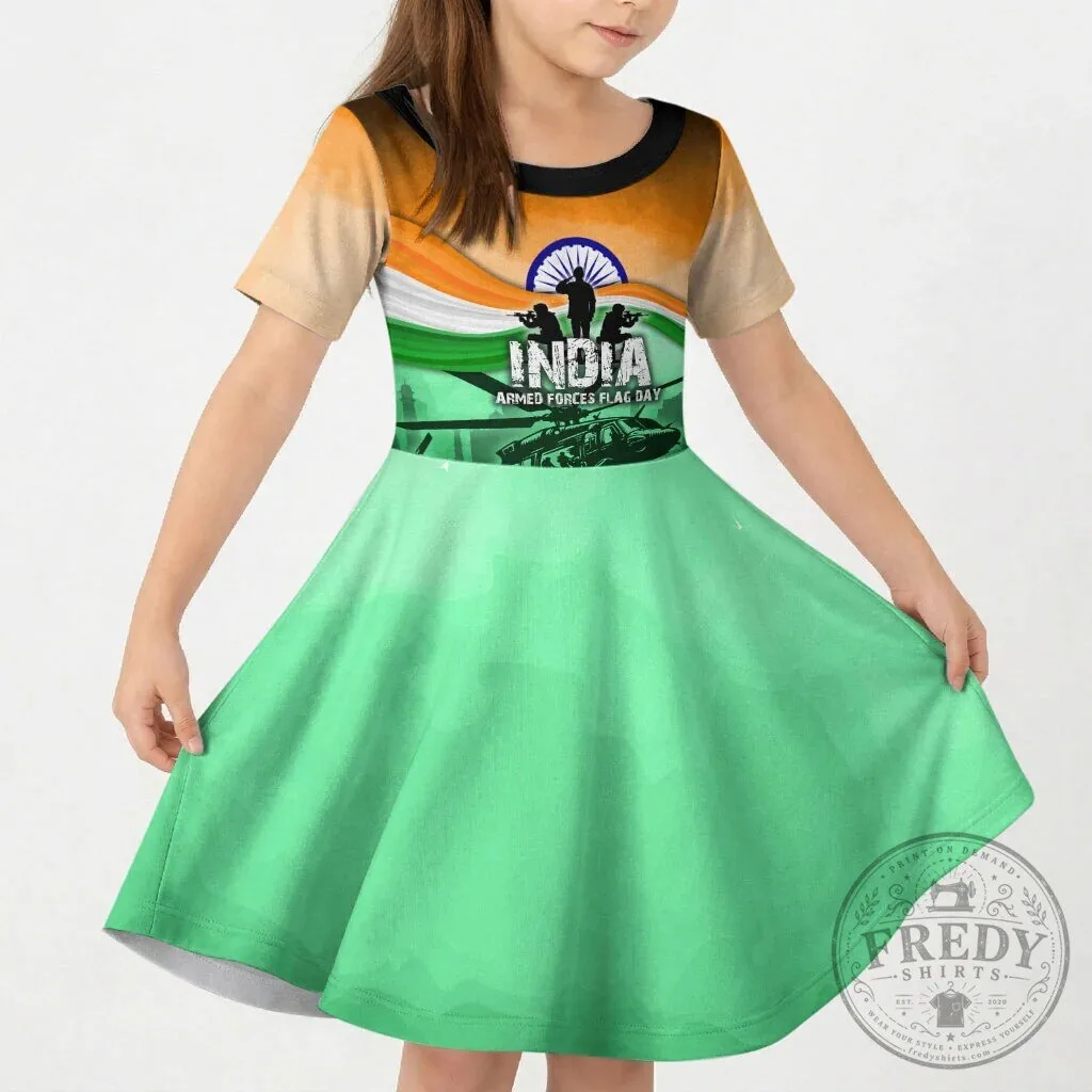 India Armed Forces Flag Day Patriotic Indian Military Kids Short Sleeve Dress