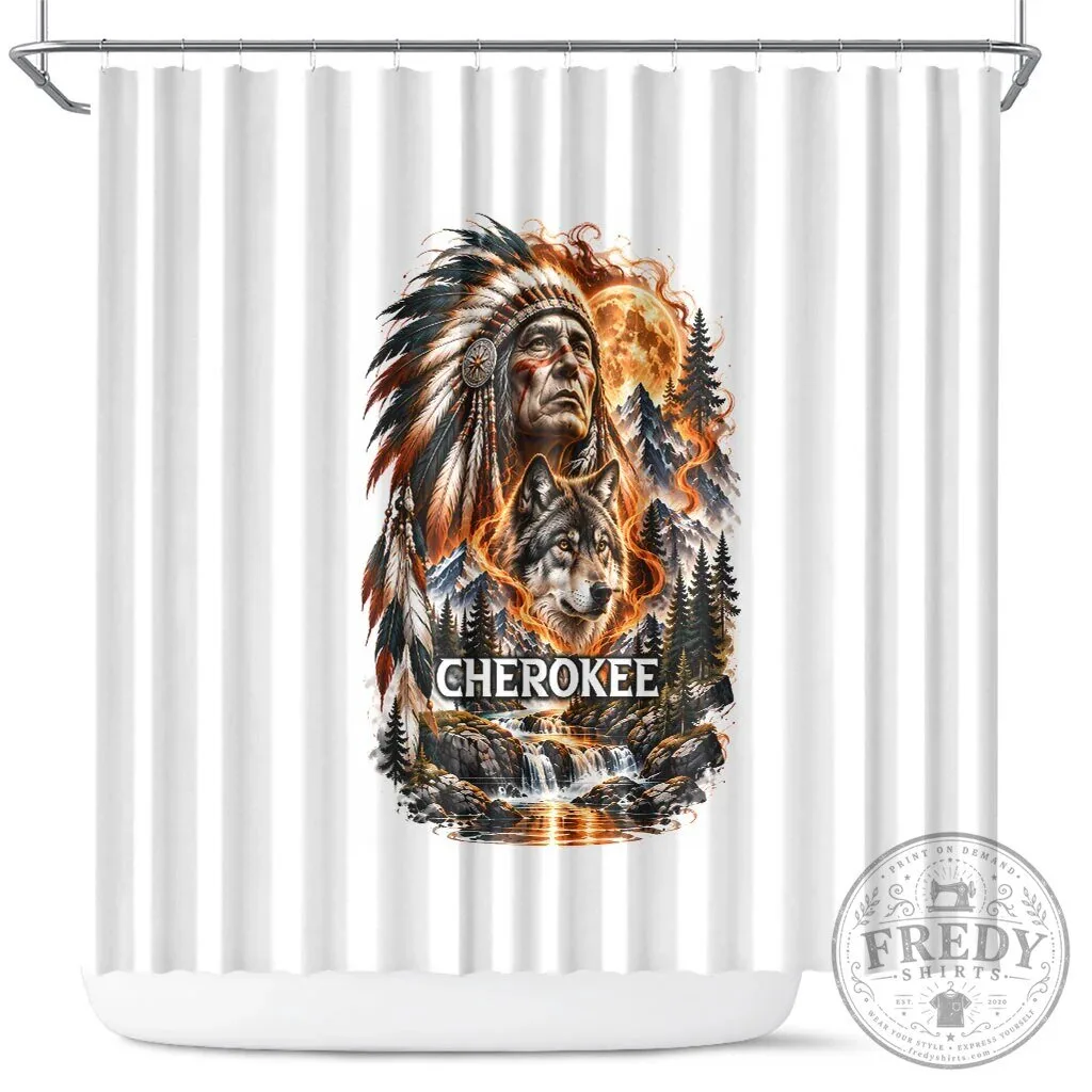 Cherokee Wolf and Native American Chief Tribal Nature Landscape Shower Curtain