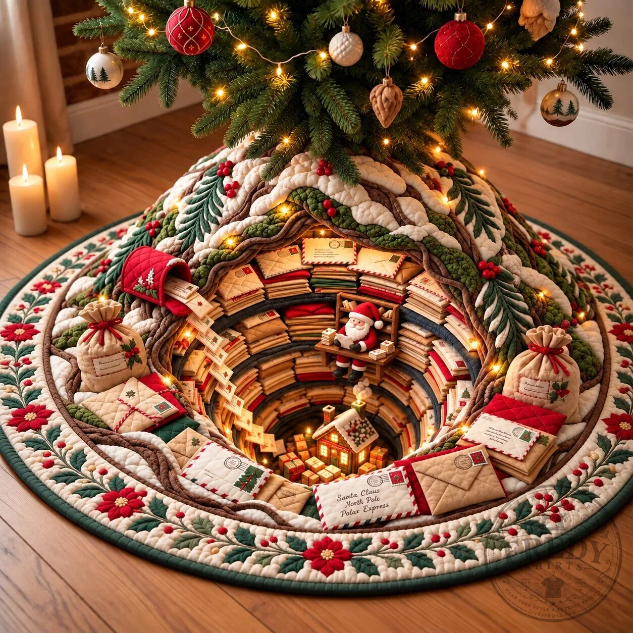 Christmas Mail Canyon Quilted Tree Skirt with Santa Claus and North Pole Express