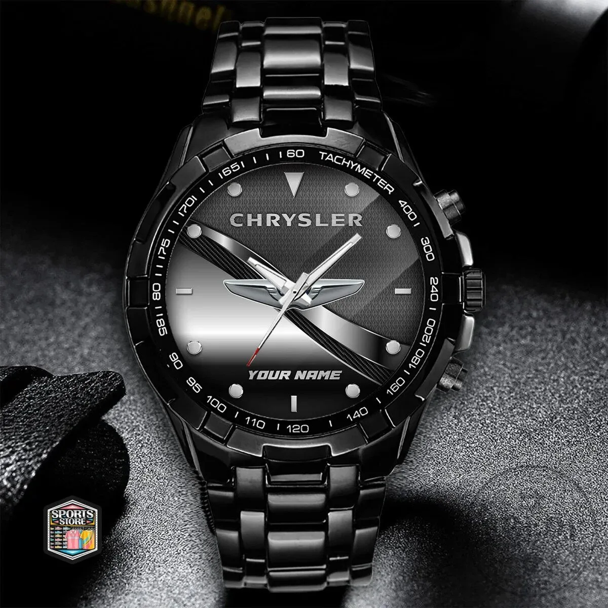 Elegant Black Stainless Steel Watch with Custom Name Design for Chrysler