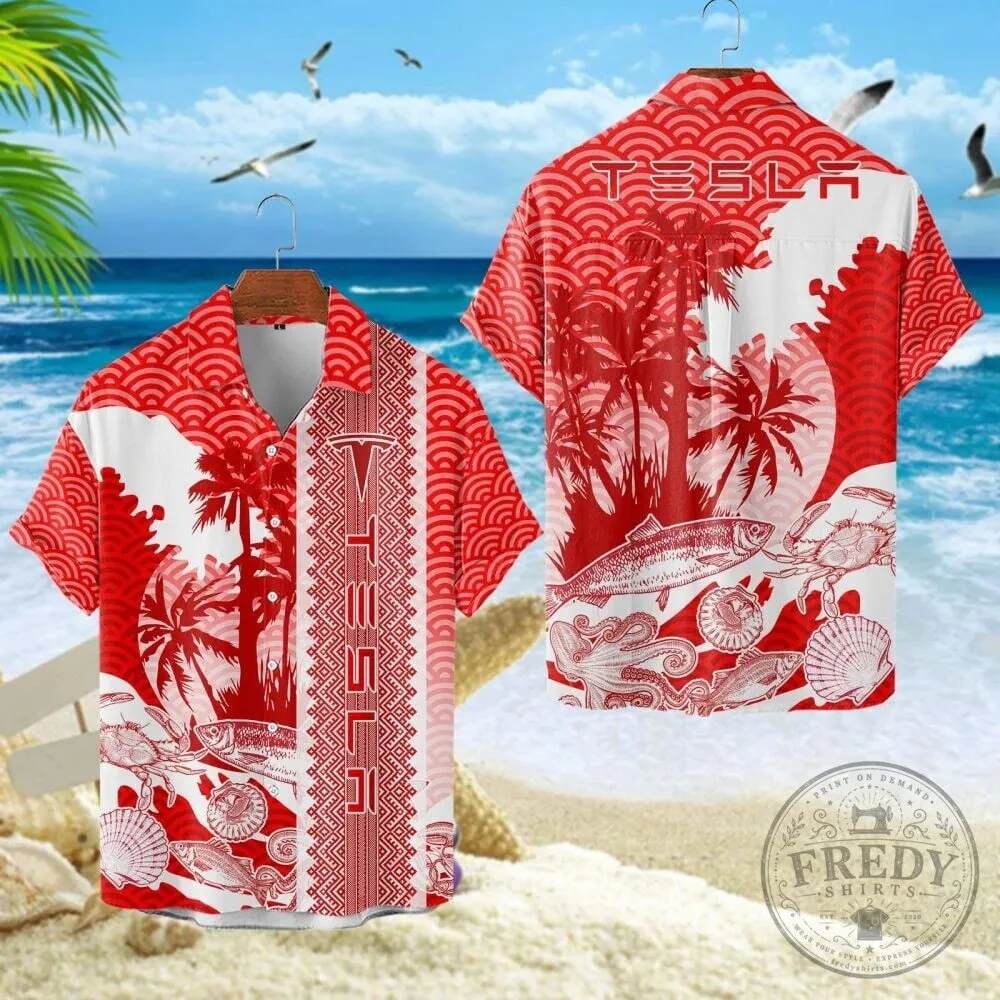 Tesla Red Tropical Beach Pattern Summer Casual Hawaiian Shirt