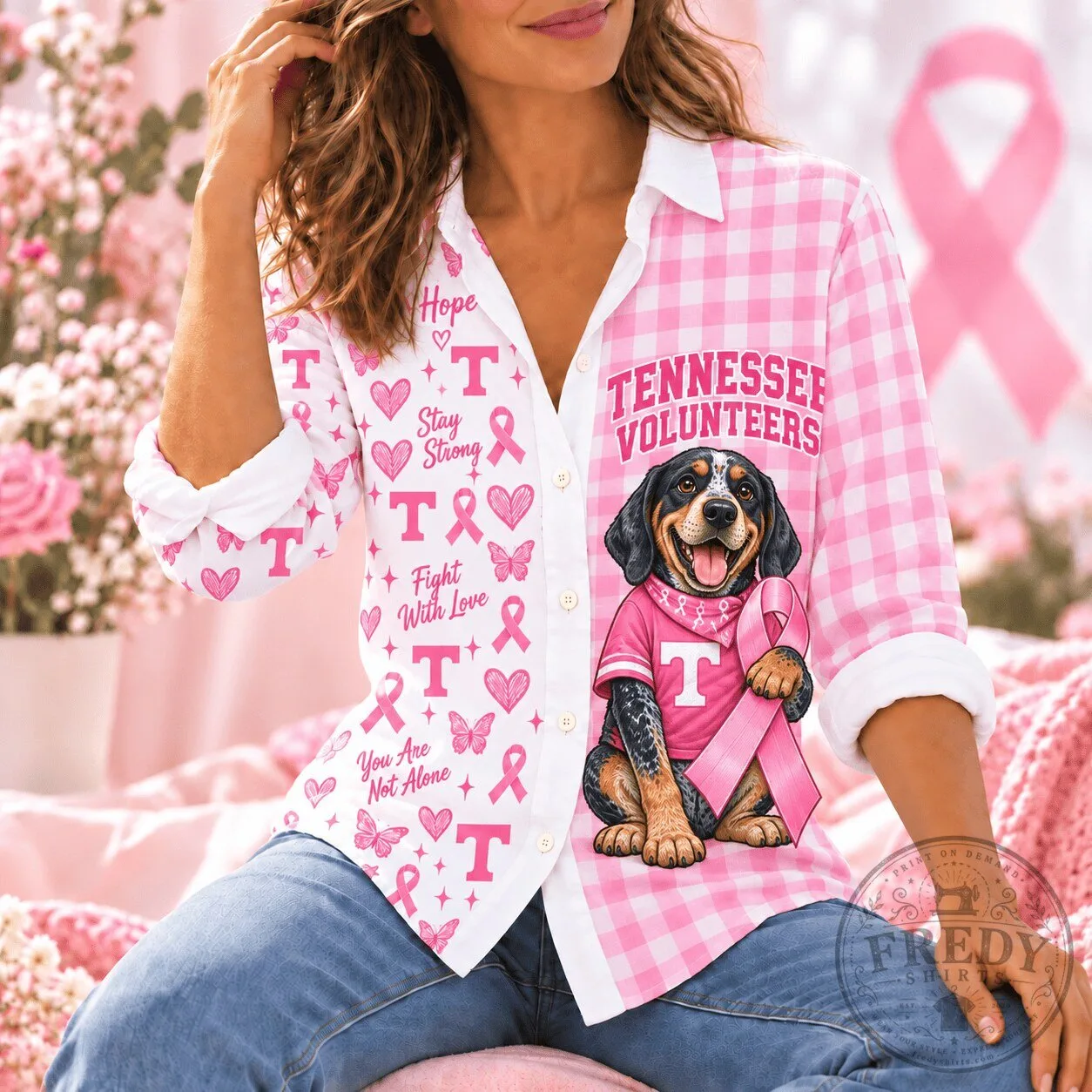Tennessee Volunteers Breast Cancer Awareness Dog Pink Plaid Button Down Shirt