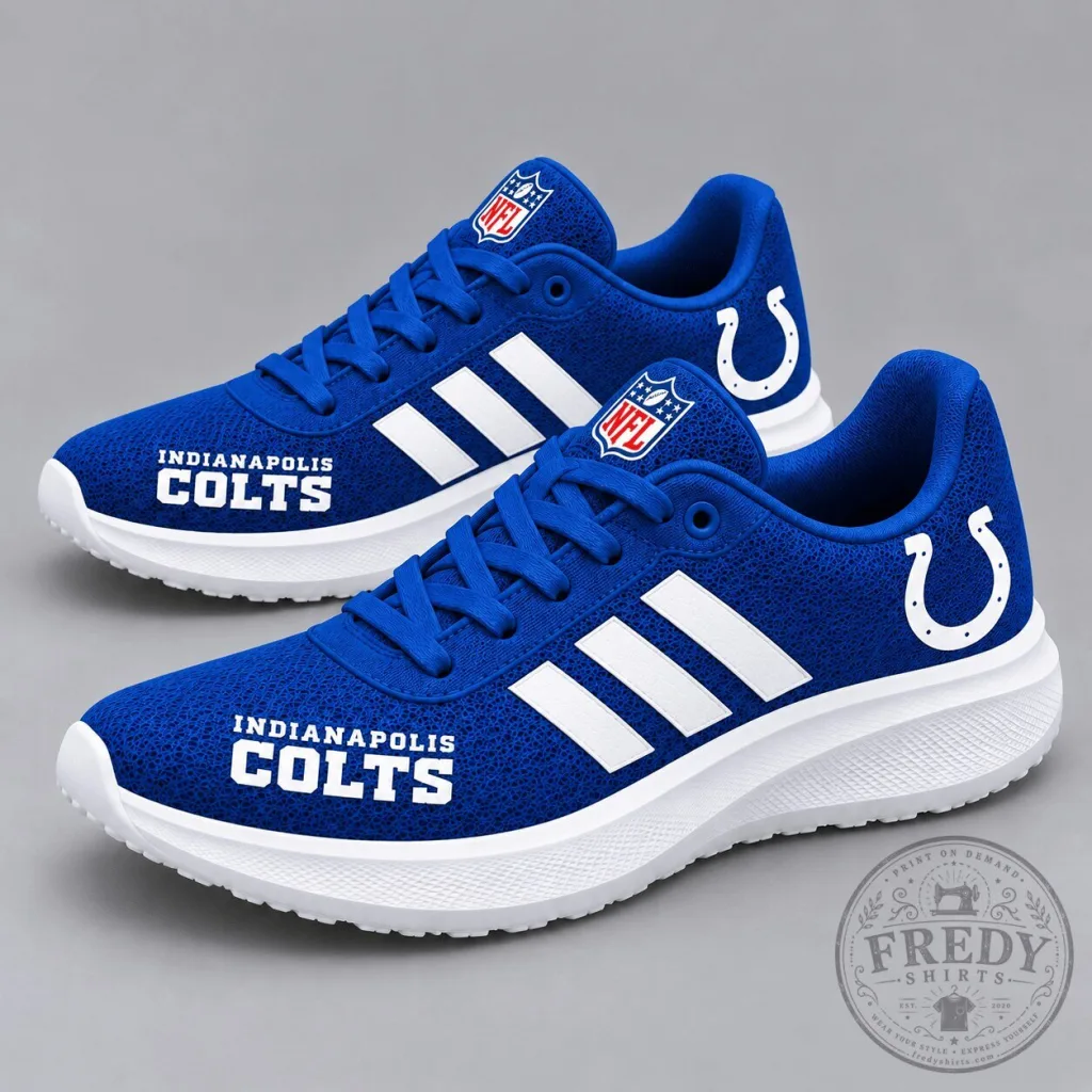 Indianapolis Colts NFL Team Logo Blue and White Stripe Sport Sneakers Indianapolis Colts NFL Team Logo Blue and White Stripe Sport Sneakers