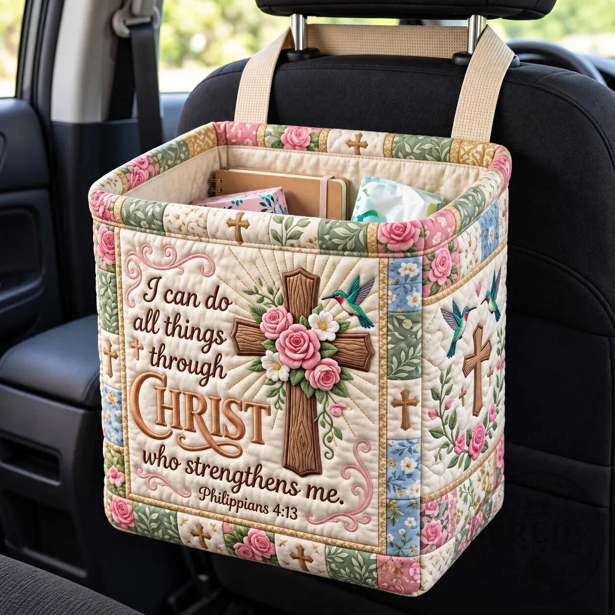 Christian Faith Quilted Car Storage Basket with Philippians 4:13 Bible Verse