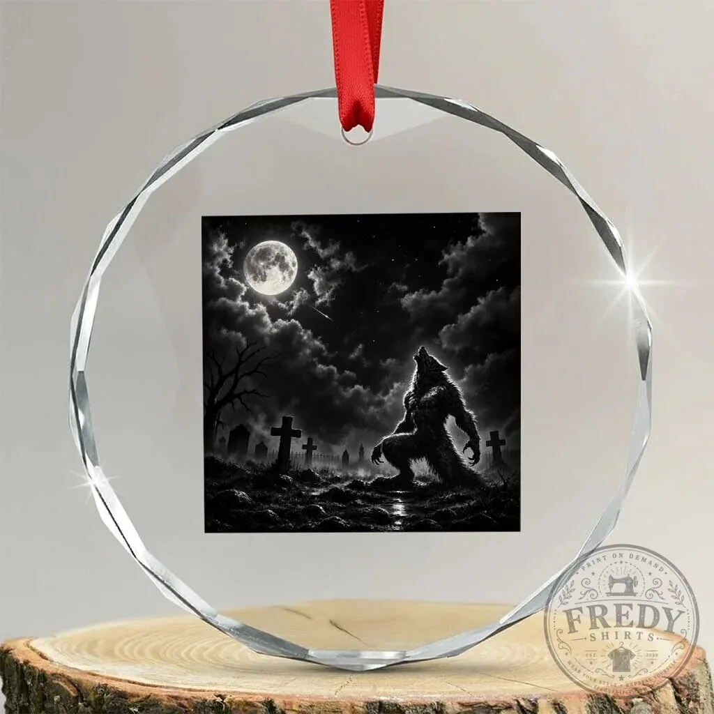 Howling Werewolf Full Moon Graveyard Halloween Crystal Glass Ornament