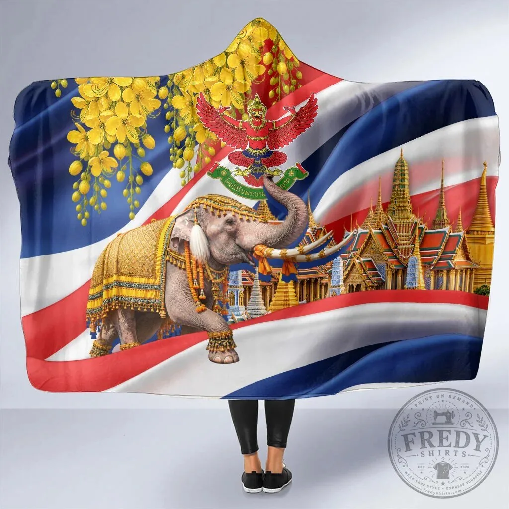 Thailand Flag Golden Buddha Elephant Temple Garuda Art Hooded Blanket