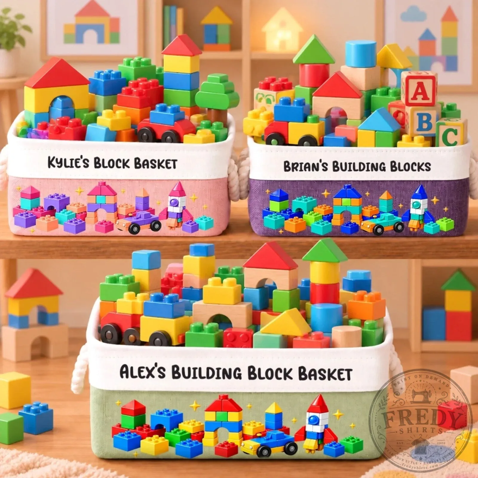 Personalized Building Block Toy Storage Basket for Kids, Custom Name Playroom Organizer