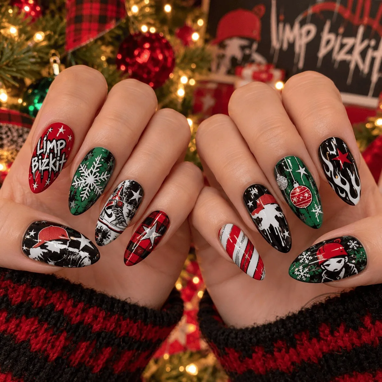 Limp Bizkit Christmas Snowflake Flame Pattern Press-On Nails Set