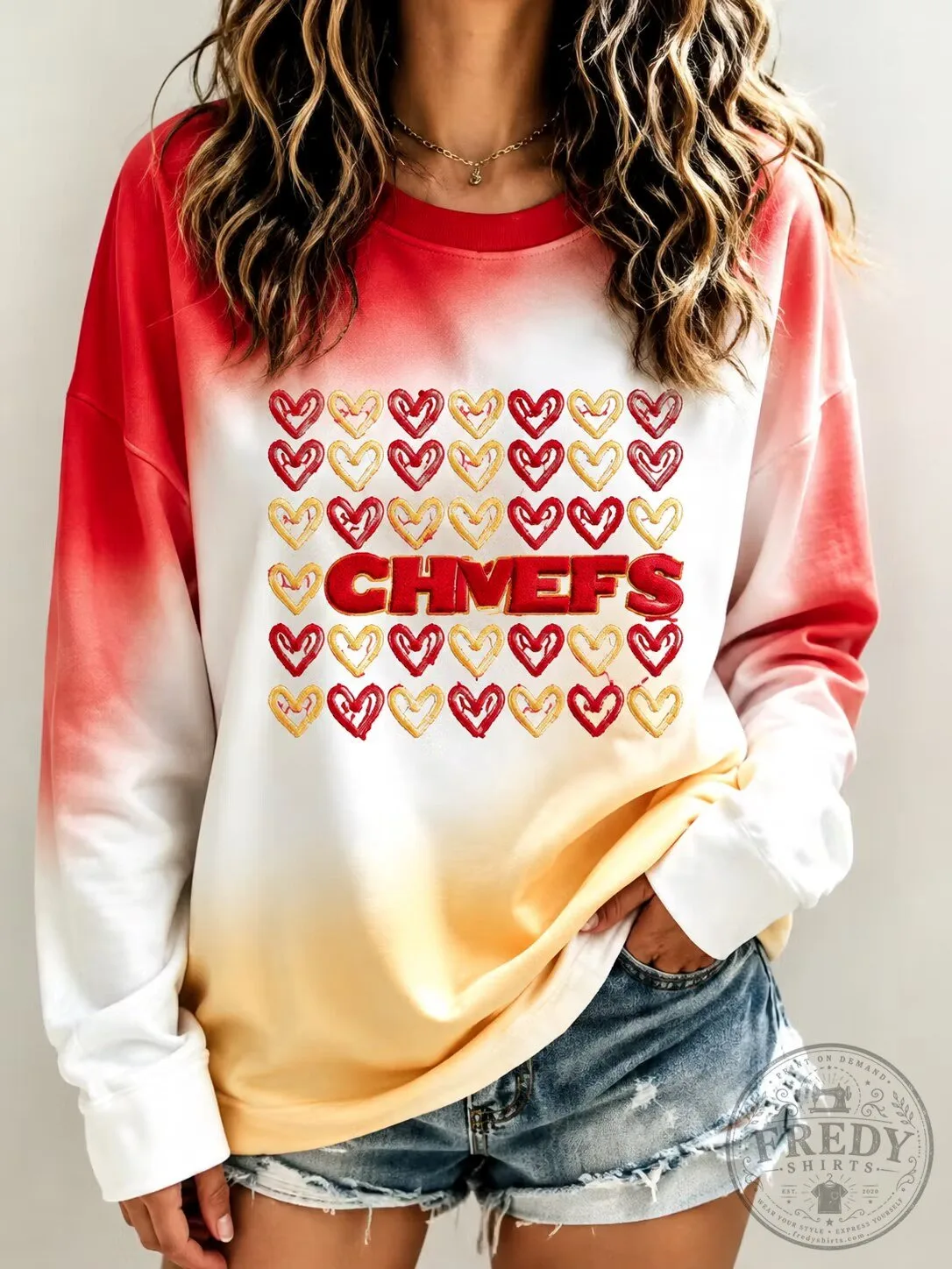Kansas City Chiefs Football Hearts Red Gold Tie Dye Womens Sweatshirt 2 Kansas City Chiefs Football Hearts Red Gold Tie Dye Womens Sweatshirt
